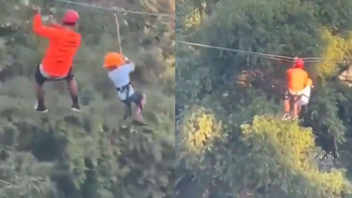 Foto:Captura de pantalla|VIDEO: Niño cae desde tirolesa de más de 10 metros; resultó ileso