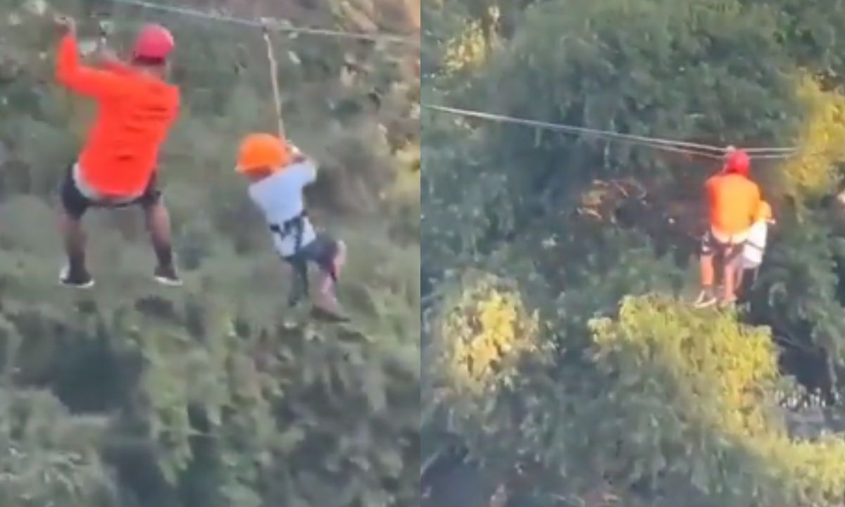 Foto:Captura de pantalla|VIDEO: Niño cae desde tirolesa de más de 10 metros; resultó ileso