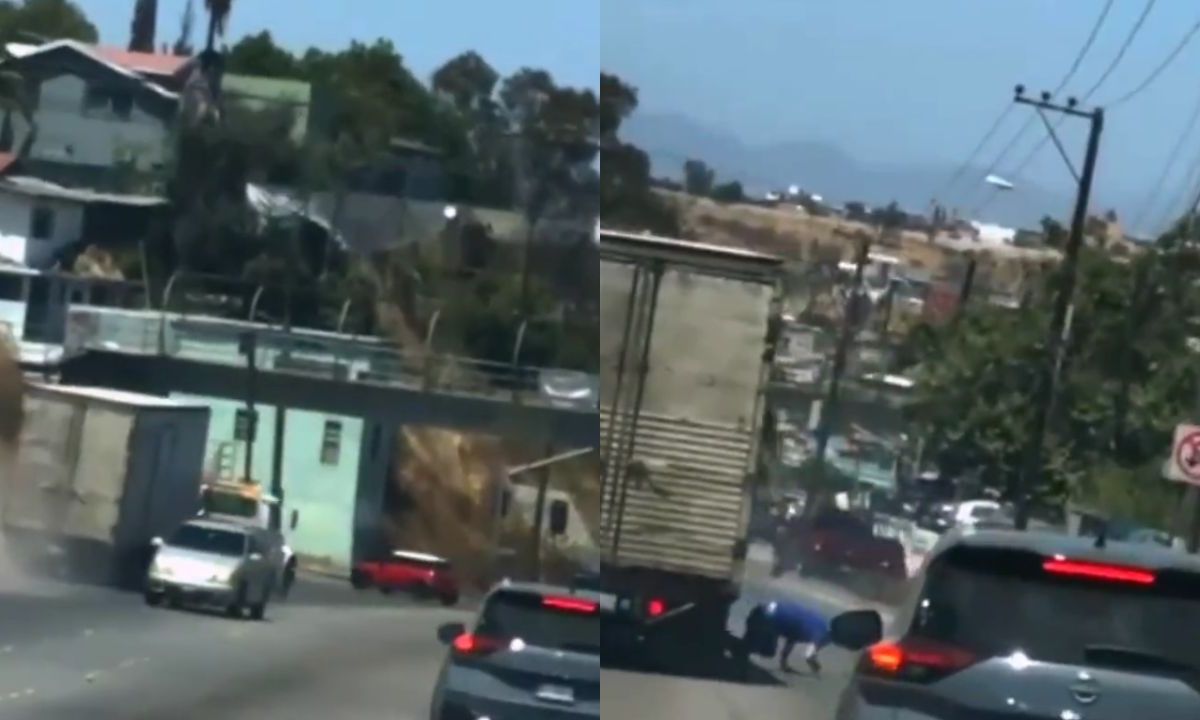Grúa que arrastraba un camión se queda sin frenos y el conductor salta para evitar recibir daño por el choque en carretera de Tijuana.