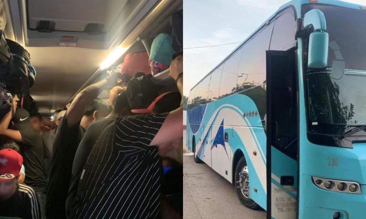 Localizan y rescatan a 126 migrantes hacinados en un autobús turístico en Veracruz.