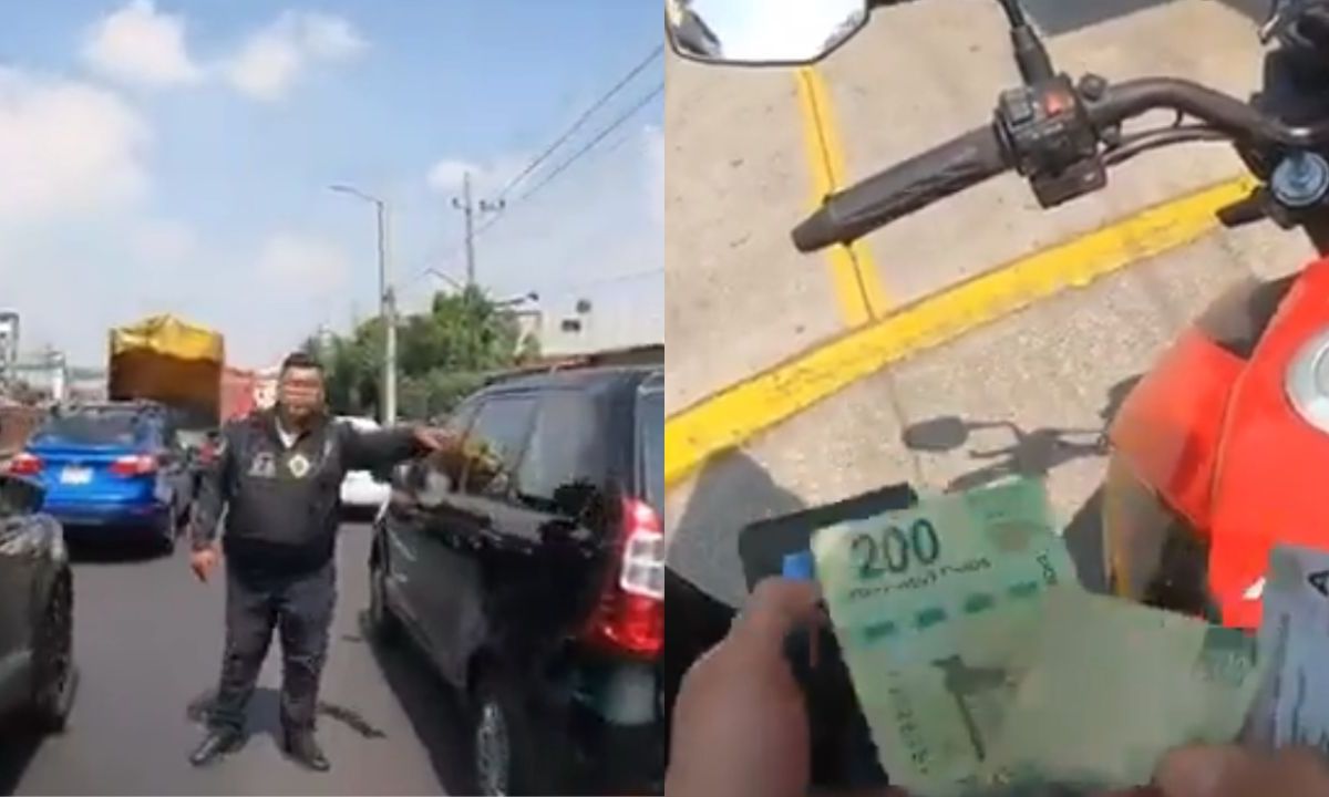Oficial de la SSC es captado pidiendo mordida a motociclista que invadió el carril confinado del Mexibús, Línea 3