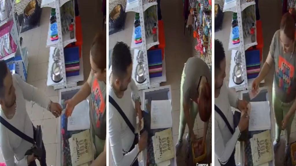 Una cámara de seguridad captó el momento en el que un sujeto estafó a una empleada de una tienda de mascotas en Tizayuca, Hidalgo.