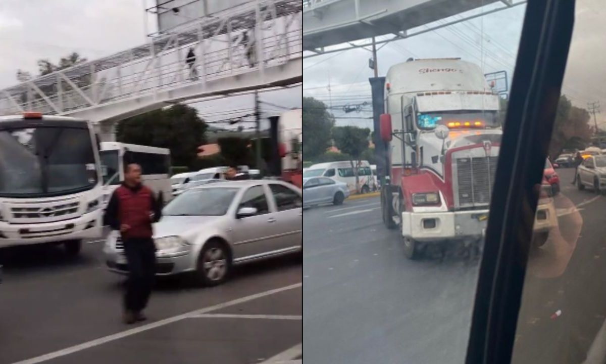 Foto:Captura de pantalla|Transportistas bloquean la avenida López Mateos; exigen pago