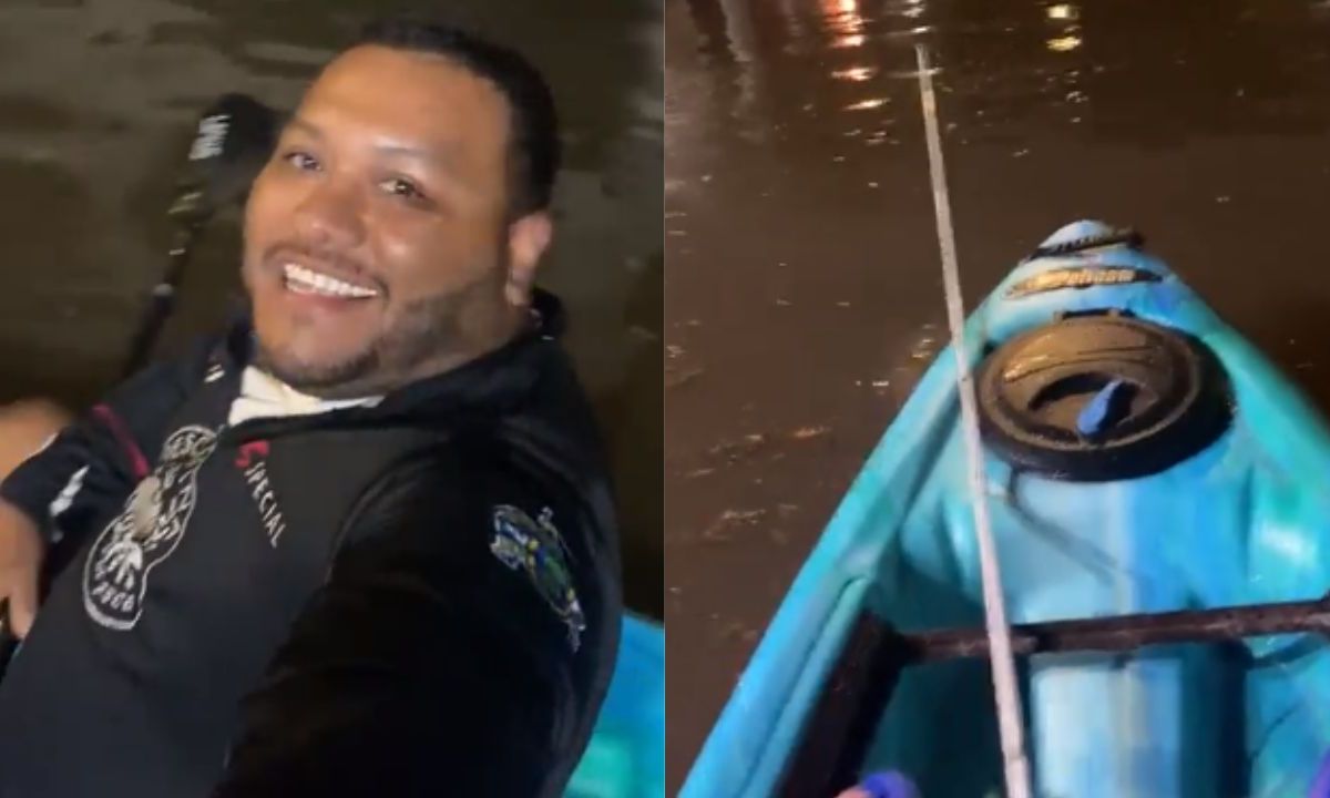 Un hombre sacó su Kayak para navegar por las calles inundadas en Guadalajara, luego de las fuertes lluvias que se registraron