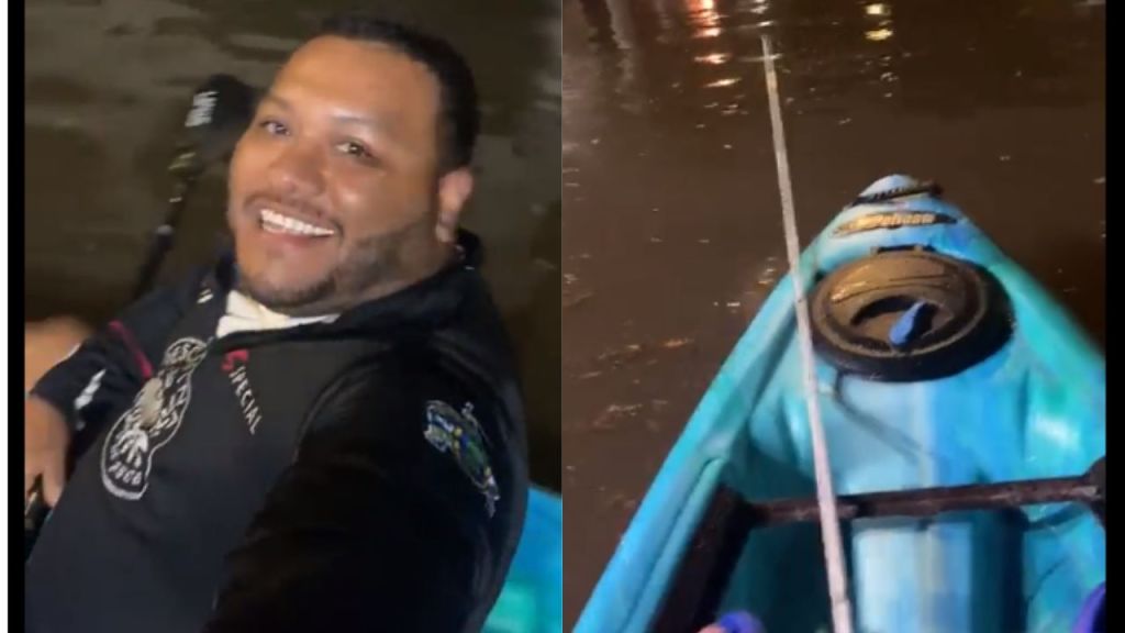 Un hombre sacó su Kayak para navegar por las calles inundadas en Guadalajara, luego de las fuertes lluvias que se registraron