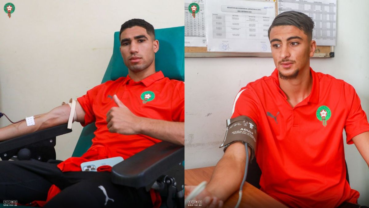 Seleccionados de Marruecos acuden a hospital para donar sangre para los afectados por el terremoto.