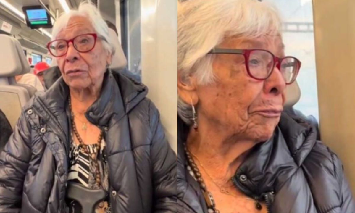 Foto:Captura de pantalla|VIDEO: Abuelita rompe en llanto al viajar en el nuevo Tren Interurbano