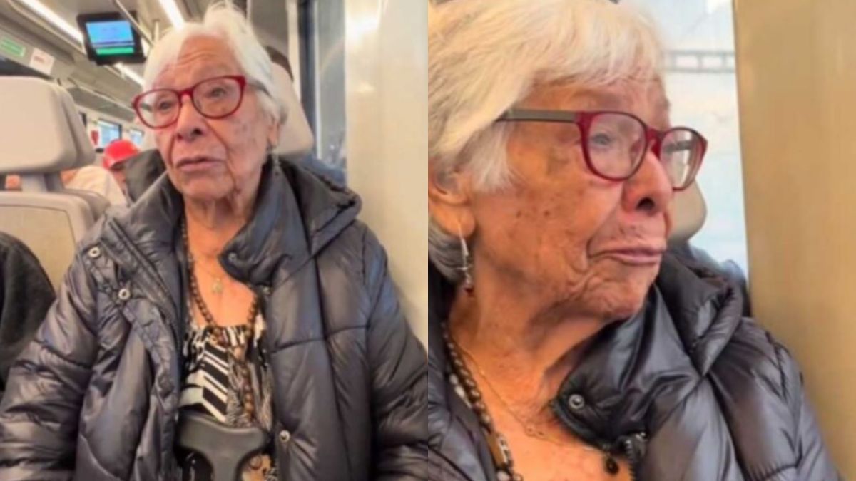 Foto:Captura de pantalla|VIDEO: Abuelita rompe en llanto al viajar en el nuevo Tren Interurbano