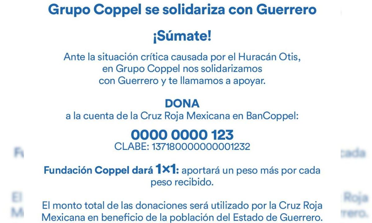 Desde ayer se habilitó la cuenta 0000 0000 123 de BanCoppel, a nombre de la Cruz Roja