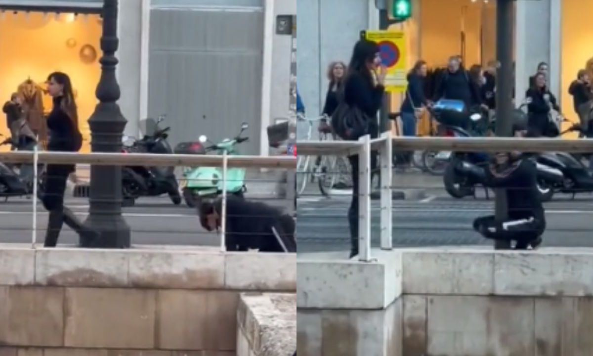 Foto:Captura de pantalla|VIDEO: Captan a una mujer paseando con correa de perro a un hombre