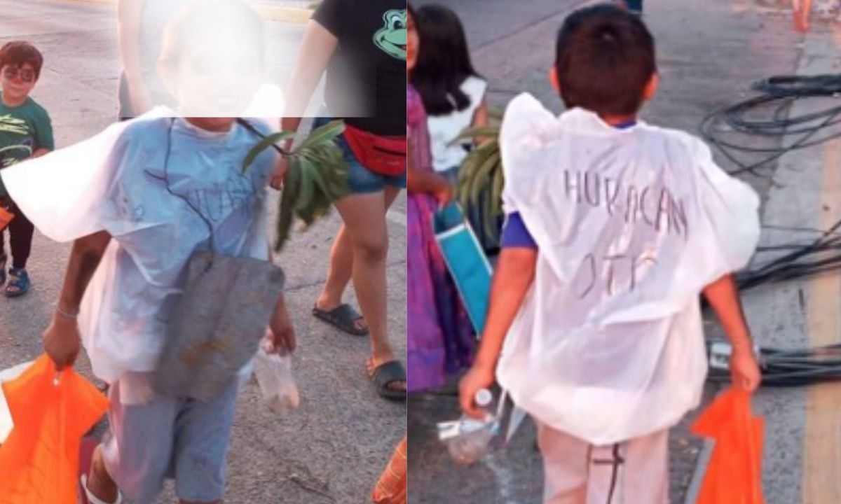 Foto:Redes sociales|¿Ingenioso? Niño se vuelve viral tras disfrazarse del huracán Otis