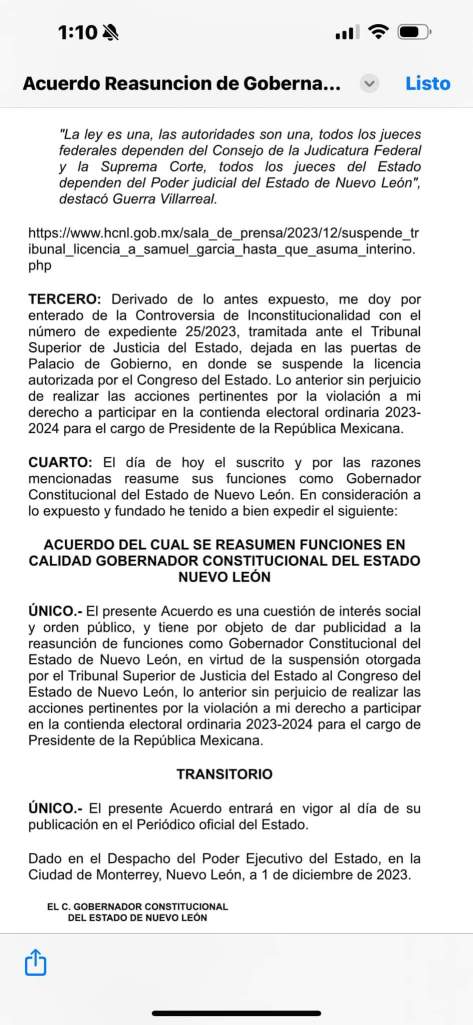 Samuel García reasume sus funciones como gobernador 