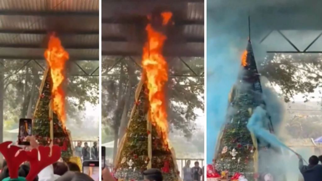La ceremonia del encendido de un árbol de navidad en Puebla se tuvo que interrumpir, luego de que el arbolito se comenzó a quemar