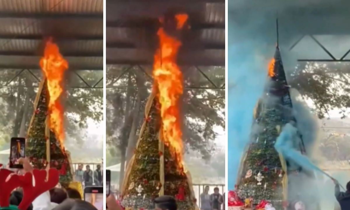 La ceremonia del encendido de un árbol de navidad en Puebla se tuvo que interrumpir, luego de que el arbolito se comenzó a quemar
