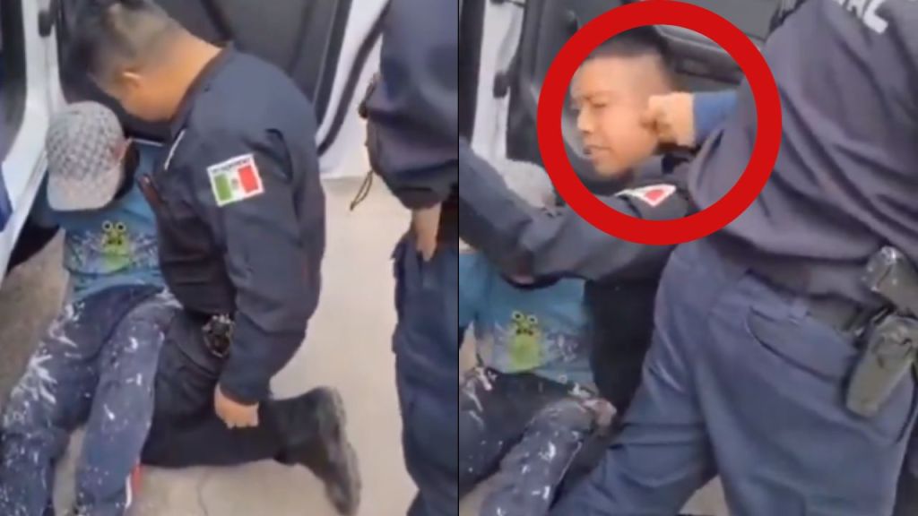 Foto:Captura de pantalla|VIDEO: Mujer le jala las orejas a un policía para impedir detención de su hijo