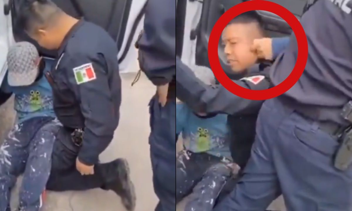 Foto:Captura de pantalla|VIDEO: Mujer le jala las orejas a un policía para impedir detención de su hijo