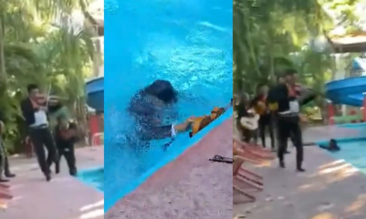 ¡Al agua pato! Mariachi cae a la piscina en plena serenata; desata las risas de los presentes