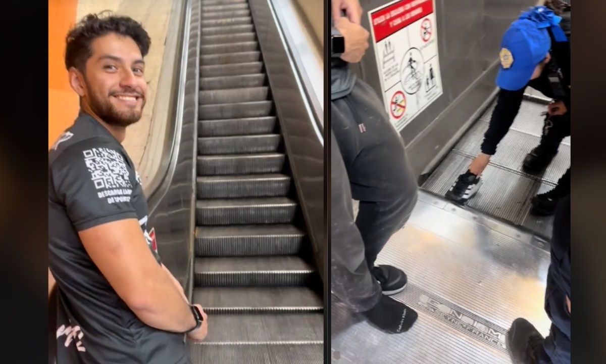 Joven se va descalzo luego de que su tenis se quedara atorado en las escaleras electricas del Metro