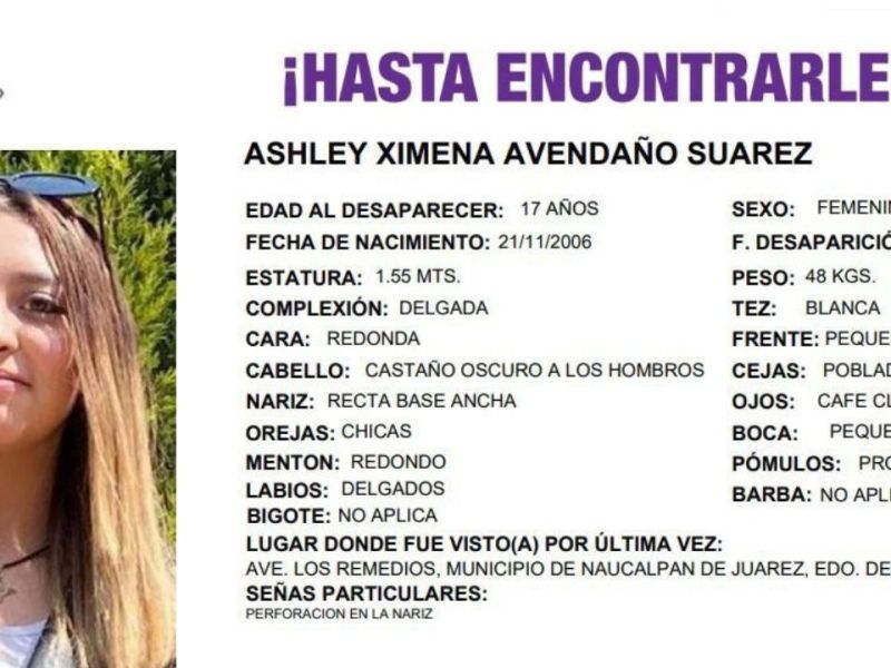 Piden ayuda para hallar a Ashley Avendaño, joven desaparecida en Naucalpan