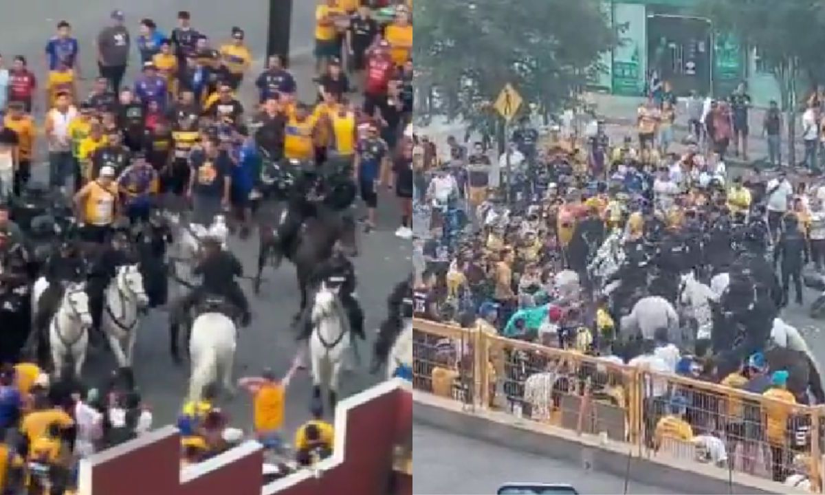 Barristas de Tigres y policías -algunos montados en caballos- se enfrentan en las afueras del "Volcán"