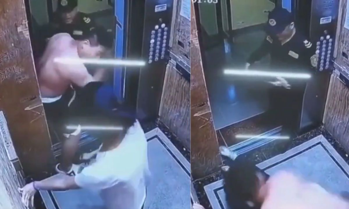 Policía golpea a un hombre que estaba agrediendo a un mujer en un ascensor