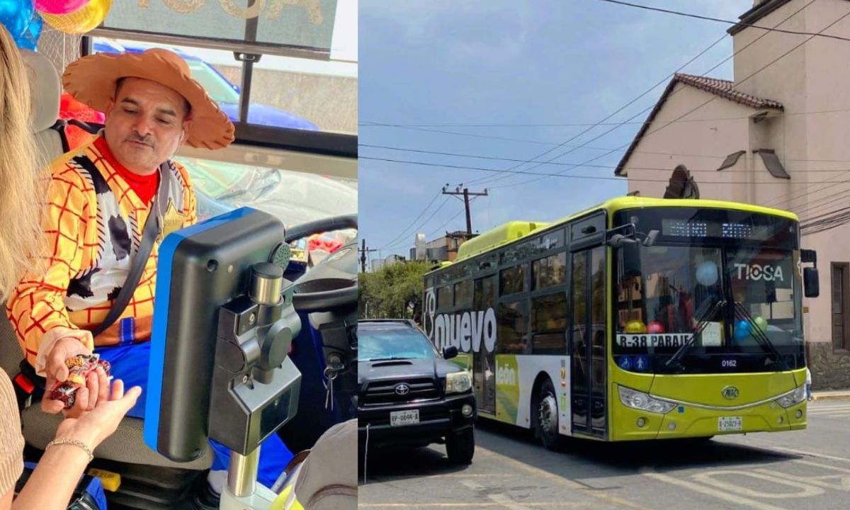 Edgar Díaz, chofer de Ruta 38 se viste de Woody de Toy Story y adorna camión para celebrar el Día del Niño en Monterrey