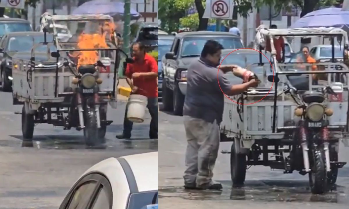 Hombre utiliza una Coca- Cola a modo de extintor para cesar el fuego de una motocicleta