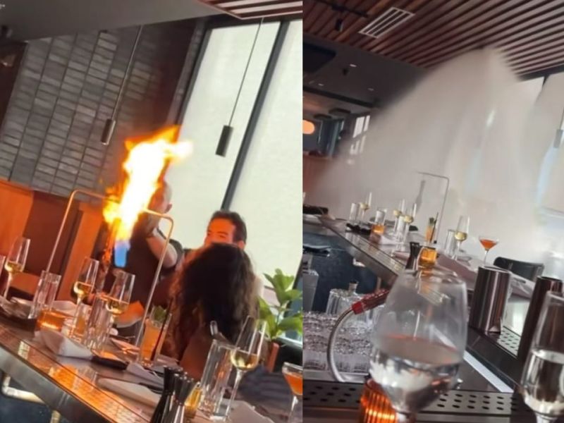 VIDEO: Se activa rociador contra incendios en restaurante tras espectáculo culinario