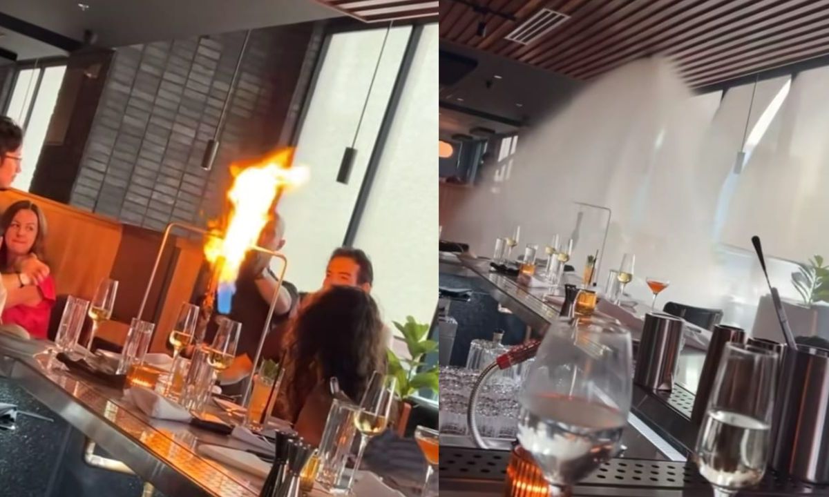 Comensales terminan empapados tras activarse los rociadores contra incendios durante un espectáculo culinario